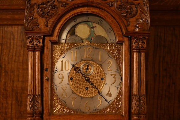 A clock in the Pennsylvania governor's reception room, Dec. 13, 2024, in Harrisburg, Pa. It's one of 273 clocks in Pennsylvania's ornate state Capitol complex buildings that must be wound by hand. (AP Photo/Marc Levy)