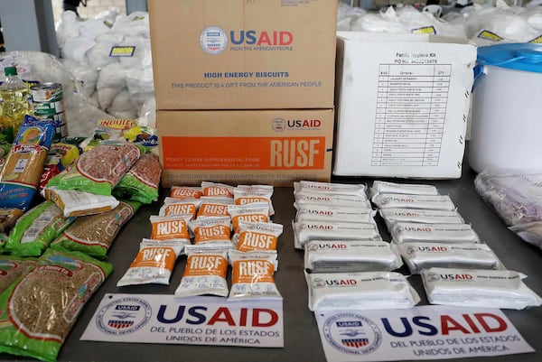 FILE - USAID humanitarian aid destined for Venezuela is displayed for the media at a warehouse next to the Tienditas International Bridge on the outskirts of Cucuta, Colombia, Feb. 19, 2019. (AP Photo/Fernando Vergara, File)