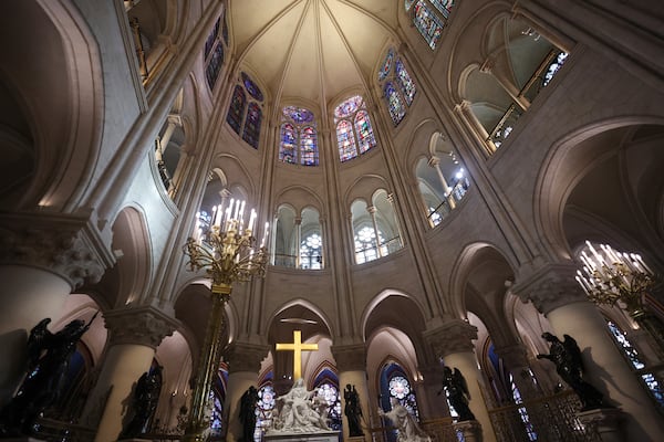 A view of the Notre-Dame cathedral as French President Emmanuel Macron visits the restored interiors of the monument, Friday, Nov.29, 2024 in Paris. (Christophe Petit Tesson, Pool via AP)