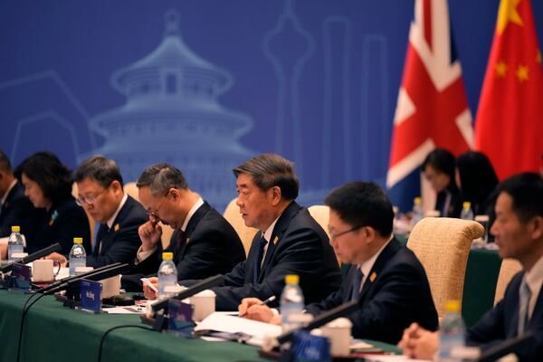 Chinese Vice Premier He Lifeng, 3rd from right, speaks during the 11th China - UK Economy and Finance Dialogue in Beijing, Saturday, Jan. 11, 2025. (AP Photo/Aaron Favila, Pool)