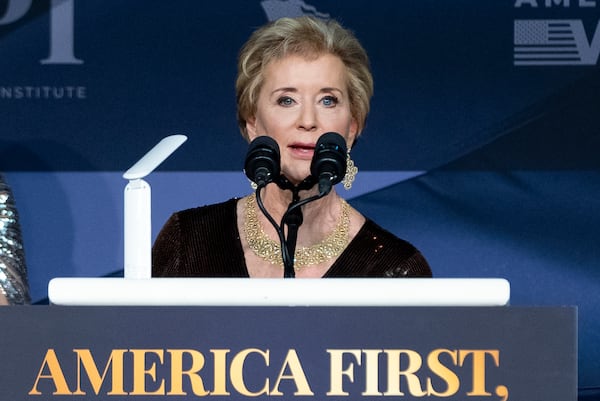 FILE - Linda McMahon speaks during an America First Policy Institute gala at his Mar-a-Lago estate, Nov. 14, 2024, in Palm Beach, Fla. (AP Photo/Alex Brandon, File)