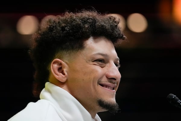 Kansas City Chiefs quarterback Patrick Mahomes (15) participates during Super Bowl 59 Opening Night, Monday, Feb. 3, 2025, in New Orleans, ahead of the NFL football game between the Philadelphia Eagles and the Kansas City Chiefs Sunday. (AP Photo/Matt York)