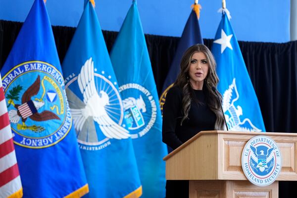 Homeland Security Secretary Kristi Noem speaks to employees at the Department of Homeland Security, Tuesday, Jan. 28, 2025, in Washington. (AP Photo/Manuel Balce Ceneta)