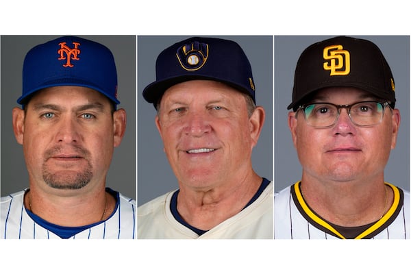 FILE - From left are baseball managers, New York Mets' Carlos Mendoza, Milwaukee Brewers' Pat Murphy and San Diego Padres' Mike Shildt, in 2024. (AP Photo/File)