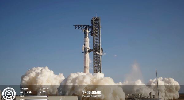 In this image taken from video provided by SpaceX, a SpaceX Starship rocket takes off from Boca Chica Texas, Tuesday, Nov. 19, 2024. (SpaceX via AP)