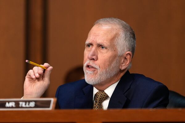 Sen. Thom Tillis, R-N.C., speaks at the Senate Judiciary Committee confirmation hearing for Pam Bondi, President-elect Donald Trump's choice to lead the Justice Department as attorney general, at the Capitol in Washington, Wednesday, Jan. 15, 2025. (AP Photo/Ben Curtis)