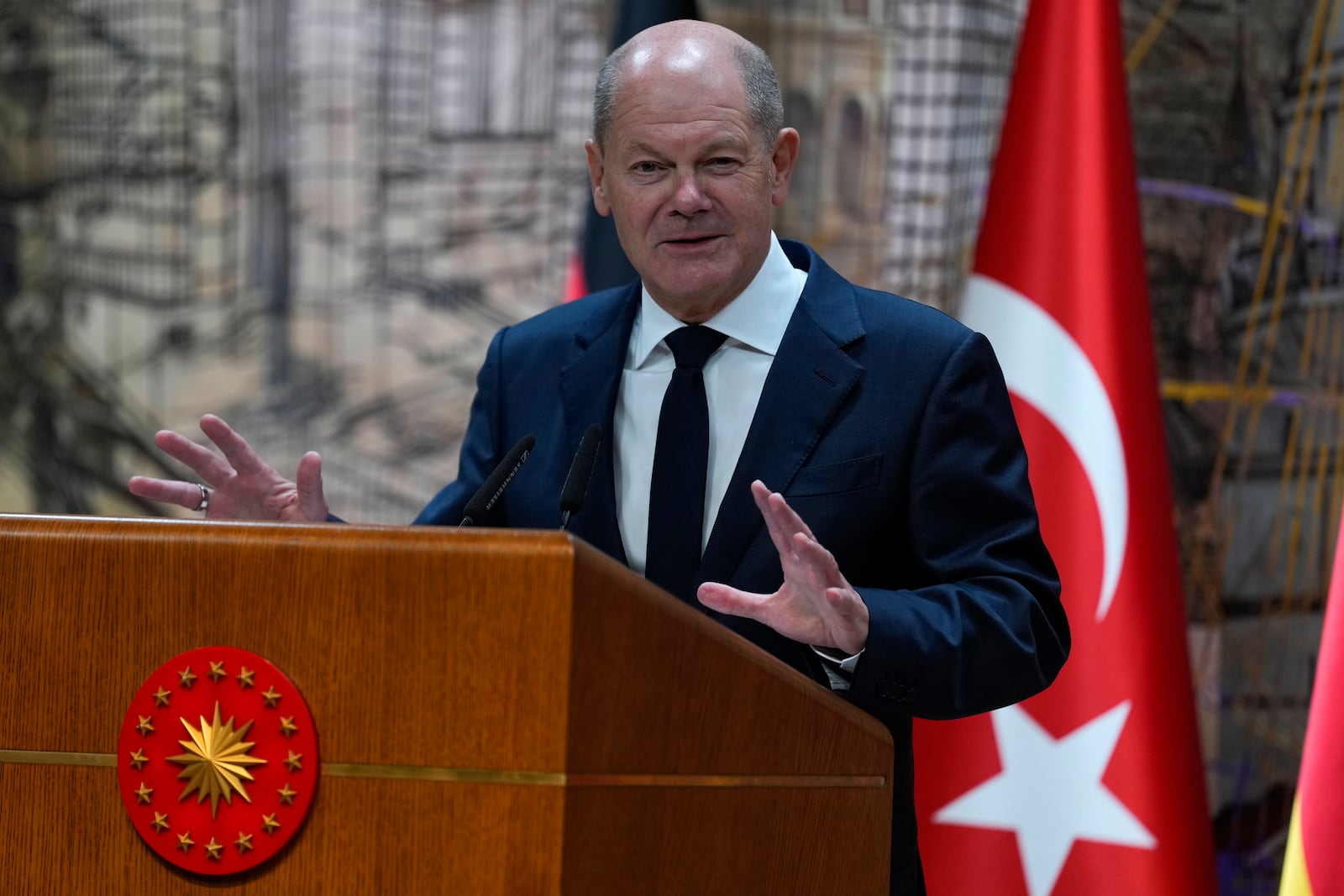 Germany's Chancellor Olaf Scholz, answers journalists' questions during a presser with Turkey's President Recep Tayyip Erdogan, in Istanbul, Turkey, Saturday, Oct. 19, 2024. (AP Photo/Khalil Hamra)