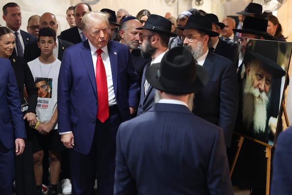 FILE - Republican presidential nominee former President Donald Trump arrives at Ohel Chabad-Lubavitch to visit the gravesite of Rabbi Menachem Mendel Schneerson, Monday, Oct. 7, 2024, in New York. (AP Photo/Yuki Iwamura, File)