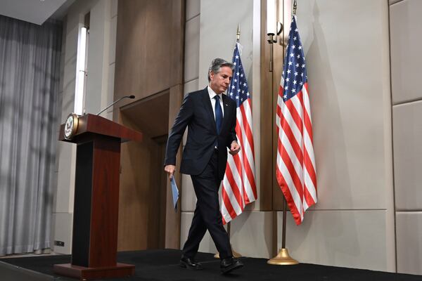 US Secretary of State Antony Blinken leaves after delivering a statement to the press after the meeting with the foreign ministers of the Arab Contact Group on Syria in Jordan's southern Red Sea coastal city of Aqaba, Saturday Dec. 14, 2024. (Andrew Caballero-Reynolds/Pool via AP)