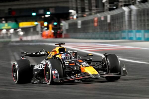 Red Bull driver Max Verstappen, of the Netherlands, races during the F1 Las Vegas Grand Prix auto race, Saturday, Nov. 23, 2024, in Las Vegas. (AP Photo/Matt York)