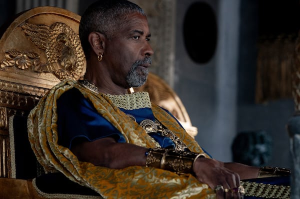 This image released by Paramount Pictures shows Denzel Washington in a scene from "Gladiator II." (Cuba Scott/Paramount Pictures via AP)