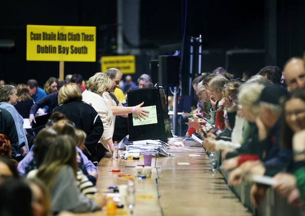 Counting begins for Ireland's General Election at the Royal Dublin Society in Dublin, Ireland, Saturday, Nov. 30, 2024. (AP Photo/Peter Morrison)