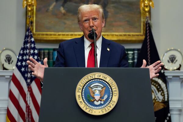 President Donald Trump speaks in the Roosevelt Room of the White House, Tuesday, Jan. 21, 2025, in Washington. (AP Photo/Julia Demaree Nikhinson)