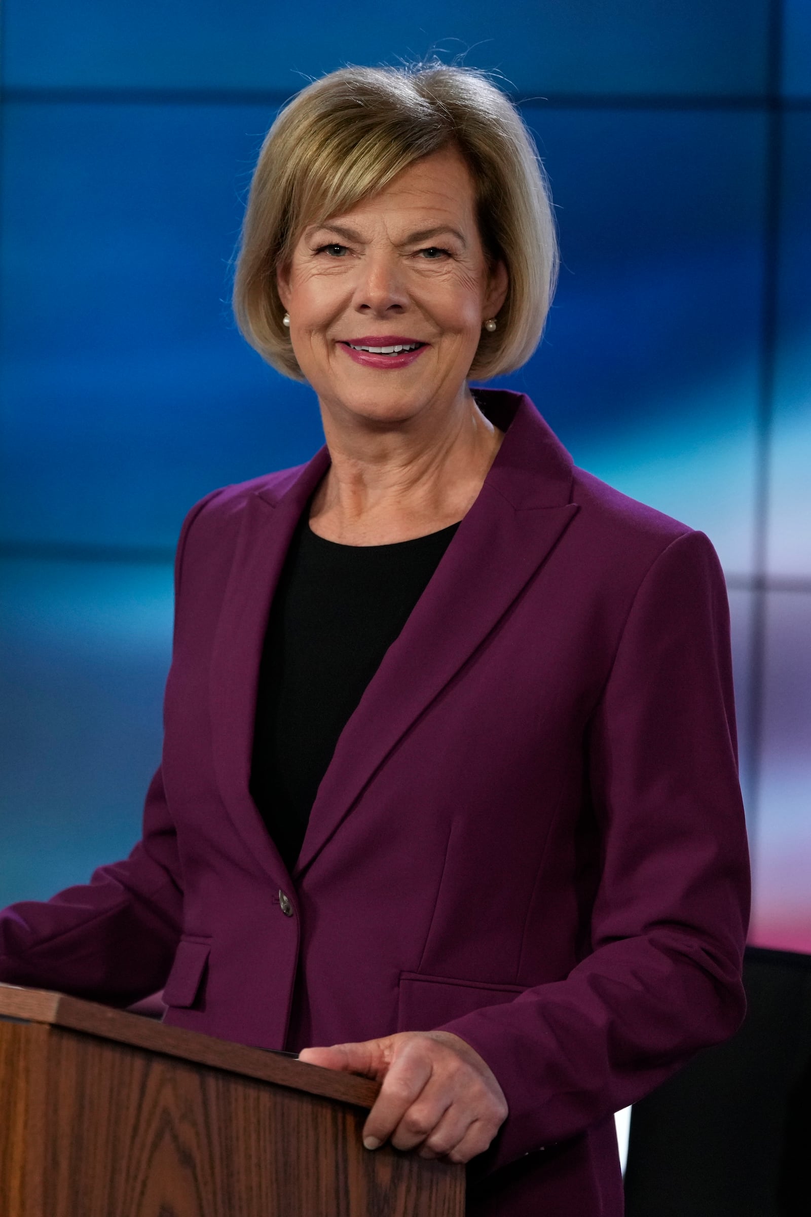 Wisconsin Democratic U.S. Sen. Tammy Baldwin is seen before a televised debate Friday, Oct. 18, 2024, in Madison, Wis. (AP Photo/Morry Gash)