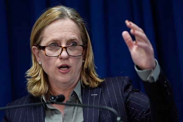 Queens District Attorney Melinda Katz speaks at a press conference on an international stolen merchandise ring, Tuesday, Nov. 26, 2024, in the Queens borough of New York. (AP Photo/Julia Demaree Nikhinson)