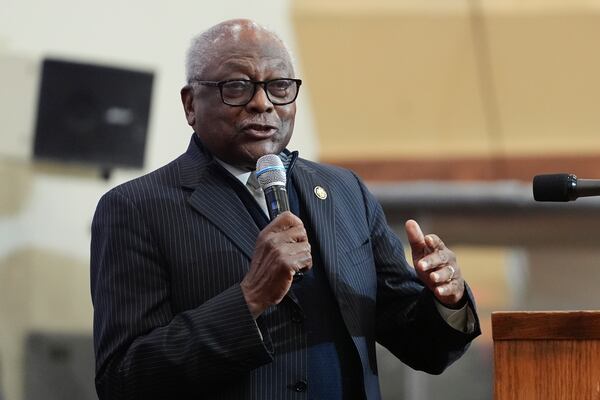 Rep James Clyburn, D-S.C., speaks during a church service attended by President Joe Biden and first lady Jill Biden, at Royal Missionary Baptist Church in North Charleston, S.C., Sunday, Jan. 19, 2025. (AP Photo/Stephanie Scarbrough)