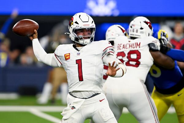 Arizona Cardinals quarterback Kyler Murray (1) throw a pass during the first half of an NFL football game against the Los Angeles Rams, Saturday, Dec. 28, 2024, in Inglewood, Calif. (AP Photo/Alex Gallardo)