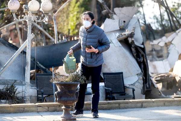 Marjan Rajabi waters a scorched plant at her Pacific Palisades home, which was destroyed by the Palisades Fire, on Sunday, Jan. 12, 2025, in Los Angeles. "It's the hope of rebuilding," Rajabi said. (AP Photo/Noah Berger)