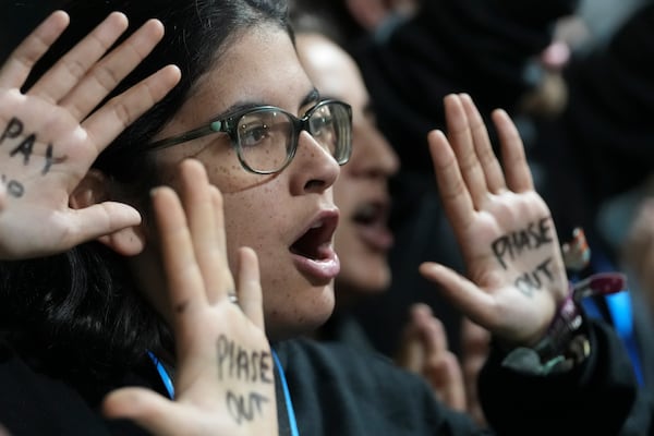 An activists participates in a demonstration for climate finance at the COP29 U.N. Climate Summit, Saturday, Nov. 23, 2024, in Baku, Azerbaijan. (AP Photo/Sergei Grits)