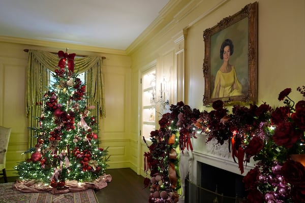 The Vermeil Room of the White House in Washington, is decorated for the holidays, Monday, Dec. 2, 2024. (AP Photo/Susan Walsh)