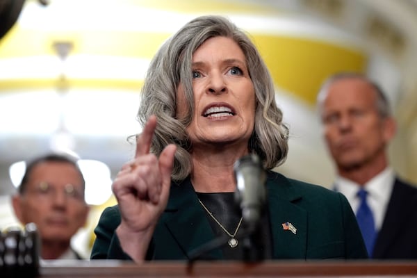 FILE - Sen. Joni Ernst, R-Iowa, talks after a policy luncheon on Capitol Hill, Sept. 24, 2024, in Washington. (AP Photo/Mariam Zuhaib, File)