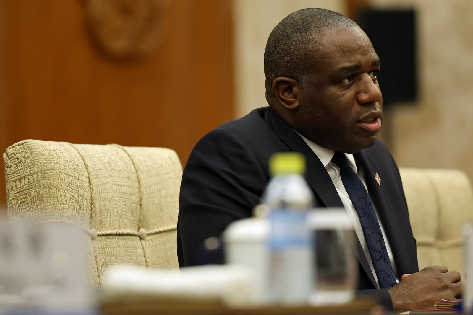 Britain's Foreign Secretary David Lammy attends a meeting with Chinese Foreign Minister Wang Yi at the Diaoyutai State Guesthouse in Beijing, China, Friday, Oct. 18, 2024. (Florence Lo/Pool Photo via AP)