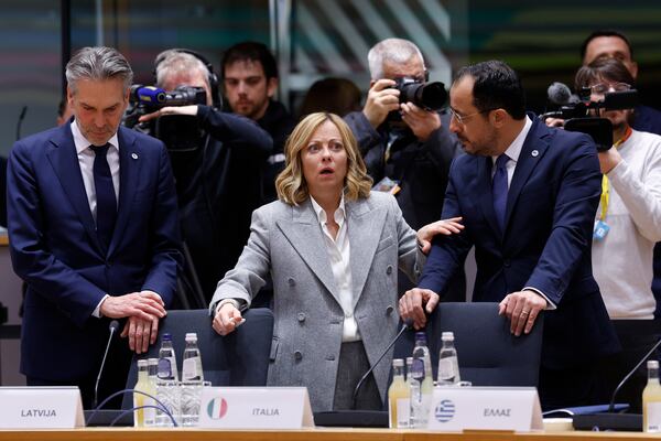 From left, Netherland's Prime Minister Dick Schoof, Italy's Prime Minister Giorgia Meloni and Cypriot President Nikos Christodoulides during a round table meeting at an EU summit in Brussels, Thursday, Dec. 19, 2024. (AP Photo/Omar Havana)