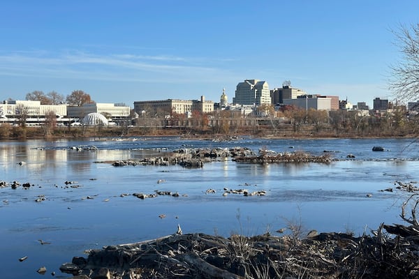 The Delaware River overlooking Trenton, N.J. flows downstream as seen from from Morrisville, Pa., on Monday, Nov. 25, 2024. (AP Photo/Mike Catalini)