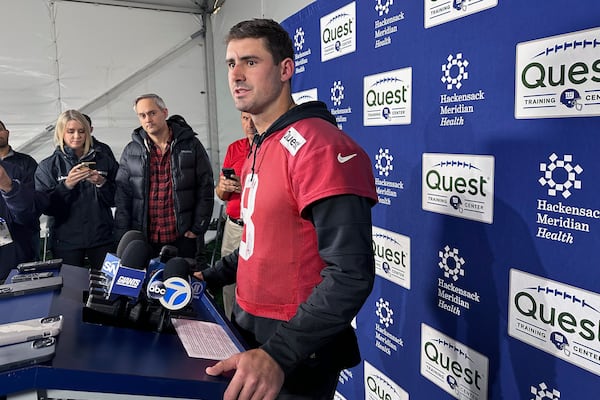 New York Giants NFL football quarterback Daniel Jones speaks to the media Thursday, Nov. 21, 2024, in East Rutherford, N.J. (AP Photo/Tom Canavan)