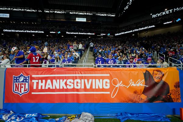 FILE - A John Madden Thanksgiving sign is shown at Ford Field during the second half of an NFL football game between the Detroit Lions and the Buffalo Bills, Thursday, Nov. 24, 2022, in Detroit. (AP Photo/Paul Sancya, File)