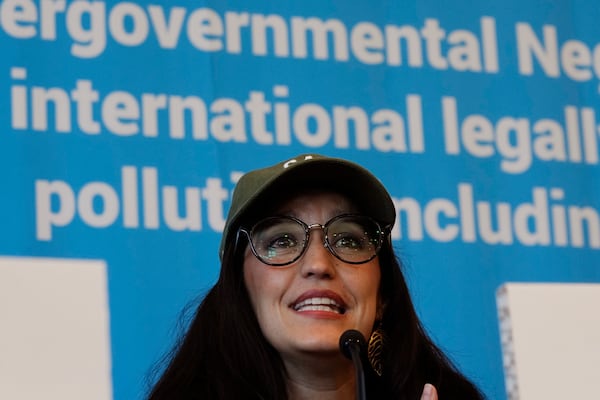 Camila Zepeda, head of delegation for Mexico, speaks during a press conference at the fifth session of the Intergovernmental Negotiating Committee on Plastic Pollution in Busan, South Korea, Sunday, Dec. 1, 2024. (AP Photo/Ahn Young-joon)