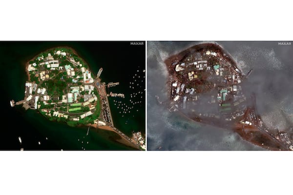 This combination of before and after images shows damage at the Dzaoudzi Port on the French Territory of Mayotte in the Indian Ocean after Cyclone Chido, Dec. 16, 2024. (Maxar Technologies via AP)