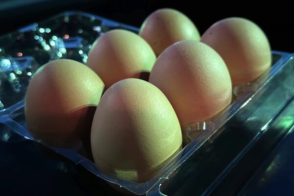 Eggs sit in a container Monday, Jan. 27, 2025, in Windham, Maine. (AP Photo/Robert F. Bukaty)