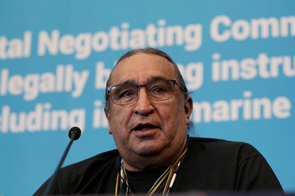 Juan Benito Marcias, a member of The International Indigenous Peoples' Forum on Plastic, speaks during a press conference at the fifth session of the Intergovernmental Negotiating Committee on Plastic Pollution in Busan, South Korea, Saturday, Nov. 30 2024. (AP Photo/Ahn Young-joon)