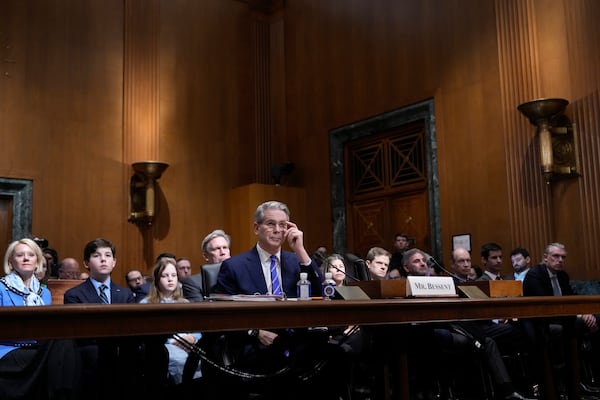 Scott Bessent, President-elect Donald Trump's choice to be Secretary of the Treasury, appears before the Senate Finance Committee for his confirmation hearing, at the Capitol in Washington, Thursday, Jan. 16, 2025. (AP Photo/Ben Curtis)