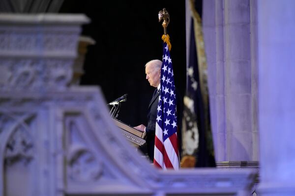 President Joe Biden speaks a tribute during a state funeral for former President Jimmy Carter, at Washington National Cathedral, Thursday, Jan. 9, 2025, in Washington. (AP Photo/Ben Curtis)