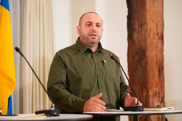 Ukrainian Minister of Defence Rustem Umerov speaks during a doorstep press conference in Copenhagen, Denmark, Wednesday, Nov. 20, 2024. (Ida Marie Odgaard/Ritzau Scanpix via AP)