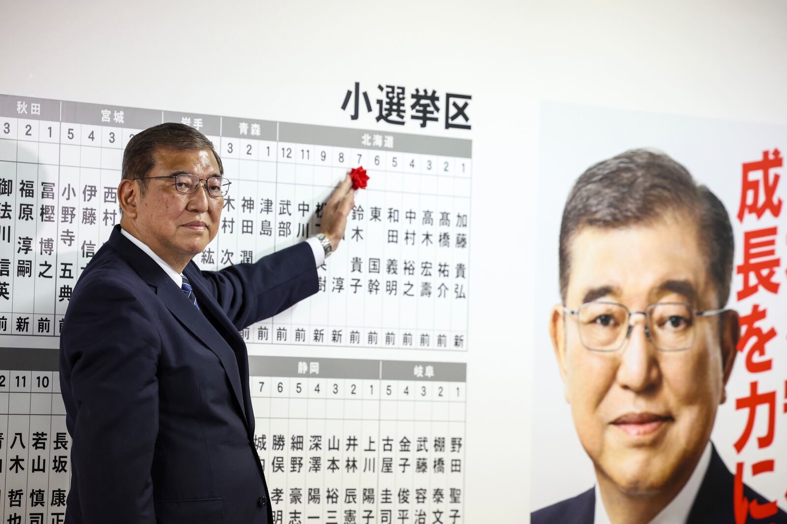 Japan's Prime Minister and president of the Liberal Democratic Party (LDP) Shigeru Ishiba poses with a pin above the name of a candidate who won the lower house election, the LDP headquarters Sunday, Oct. 27, 2024 in Tokyo, (Takashi Aoyama/Pool Photo via AP)