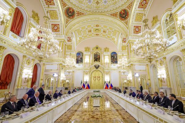 A view of the Russia and Iran talks in an expanded format at the Kremlin in Moscow, Russia, Friday, Jan. 17, 2025. (Vyacheslav Prokofyev, Sputnik, Kremlin Pool Photo via AP)