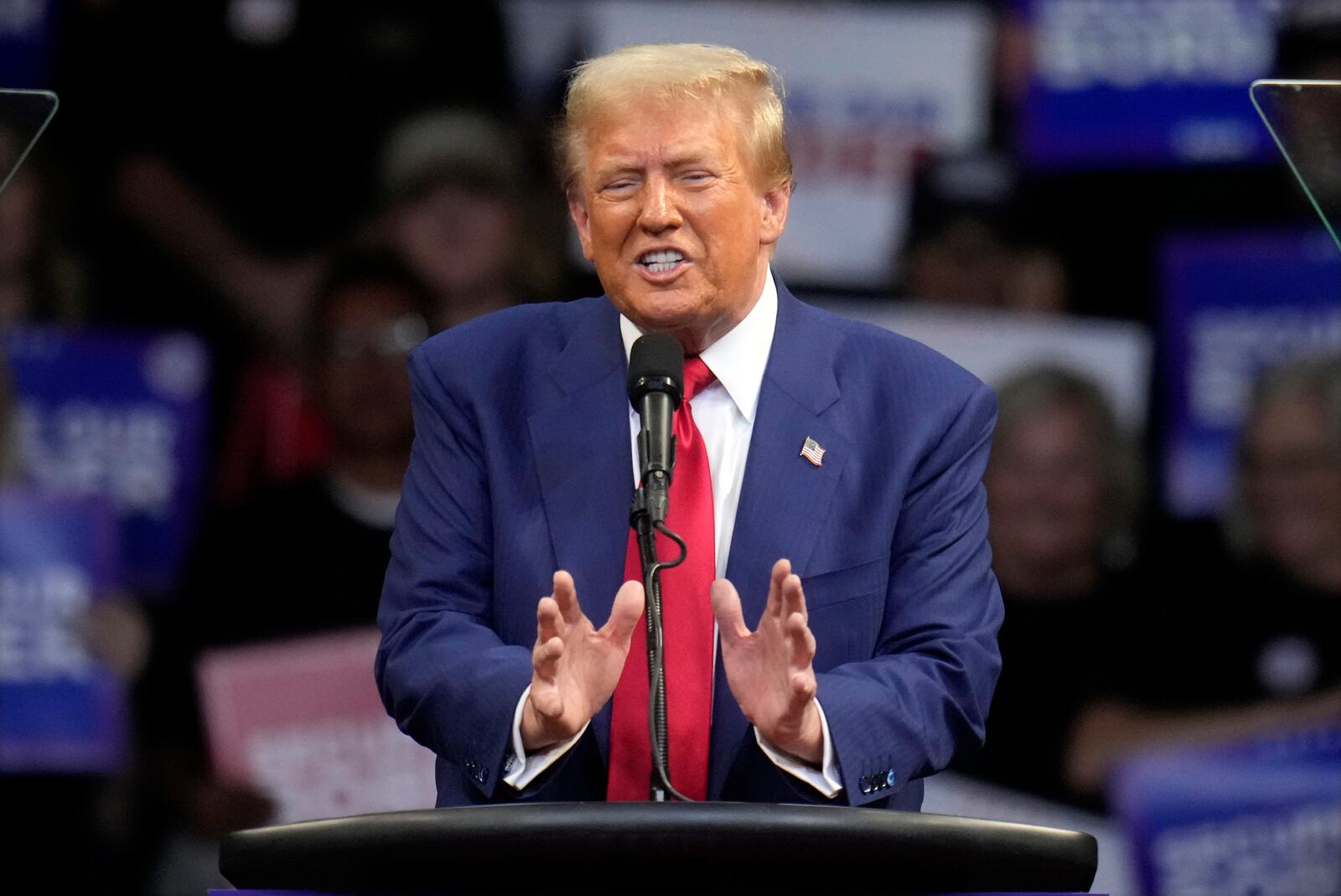 Republican presidential nominee former President Donald Trump speaks at a campaign rally at the Findlay Toyota Arena Sunday, Oct. 13, 2024, in Prescott Valley, Ariz. (AP Photo/Ross D. Franklin)