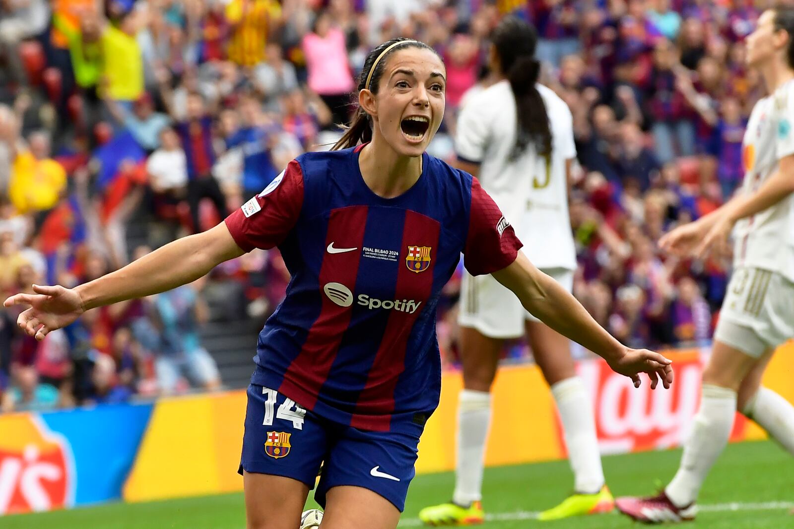 FILE - Barcelona's Aitana Bonmati celebrates after scoring the opening goal during the women's Champions League final soccer match between FC Barcelona and Olympique Lyonnais at the San Mames stadium in Bilbao, Spain, Saturday, May 25, 2024. (AP Photo/Alvaro Barrientos, File)