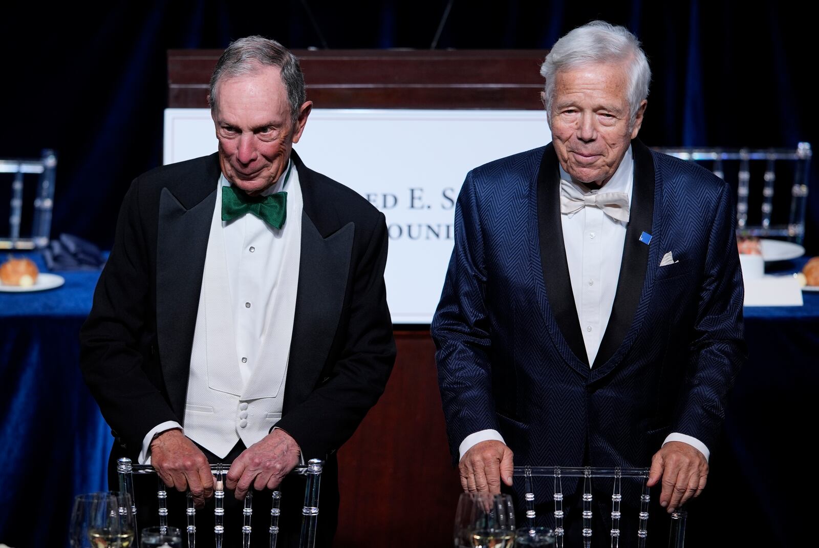 Michael Bloomberg and Robert Kraft arrive for the 79th annual Alfred E. Smith Memorial Foundation Dinner, Thursday, Oct. 17, 2024, in New York. (AP Photo/Julia Demaree Nikhinson)