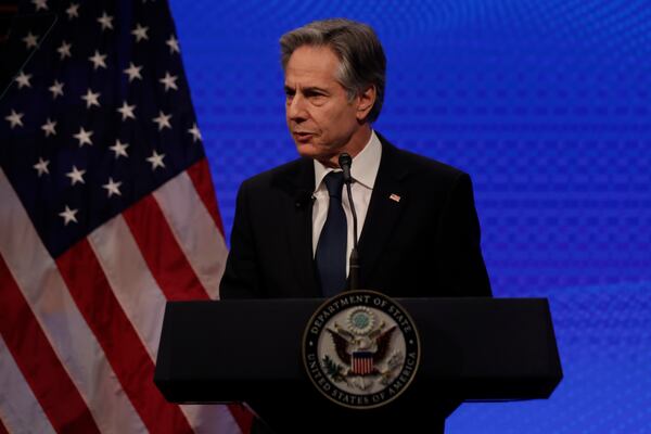 Secretary of State Anthony Blinken delivers remarks at the Atlantic Council, Tuesday, Jan. 14, 2025, in Washington. (AP Photo/Luis M. Alvarez)