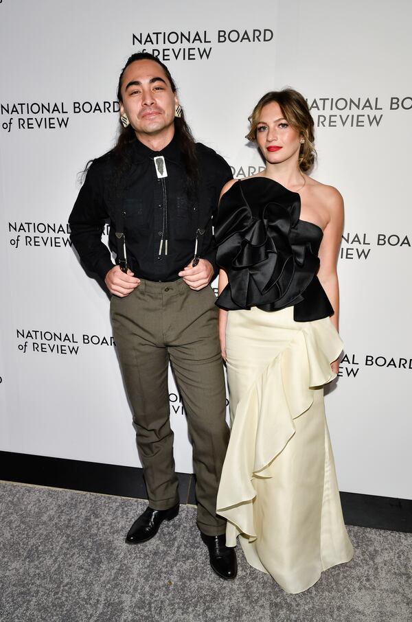 Julian Brave NoiseCat, left, and Emily Kassie attend the National Board of Review Awards gala at Cipriani 42nd Street on Tuesday, Jan. 7, 2025, in New York. (Photo by Evan Agostini/Invision/AP)