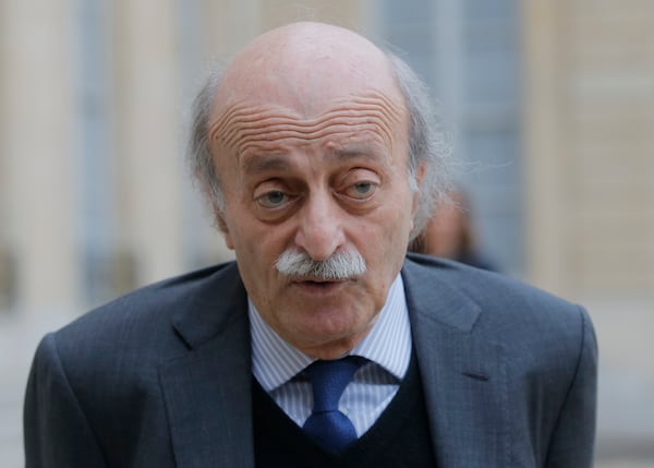 FILE - Lebanese Druse leader Walid Jumblatt speaks to the media after a meeting with France's President Francois Hollande at the Elysee Palace in Paris, Tuesday, Feb. 21, 2017. (AP Photo/Michel Euler, File)