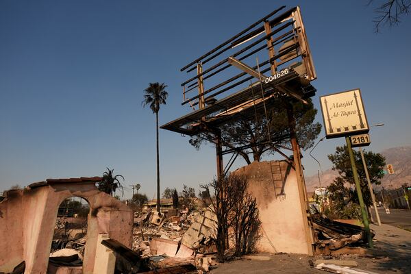 FILE - The remains of the Masjid-Al-Taqwa mosque are seen in the aftermath of the Eaton Fire Friday, Jan. 10, 2025, in Altadena, Calif. (AP Photo/Jae C. Hong, File)