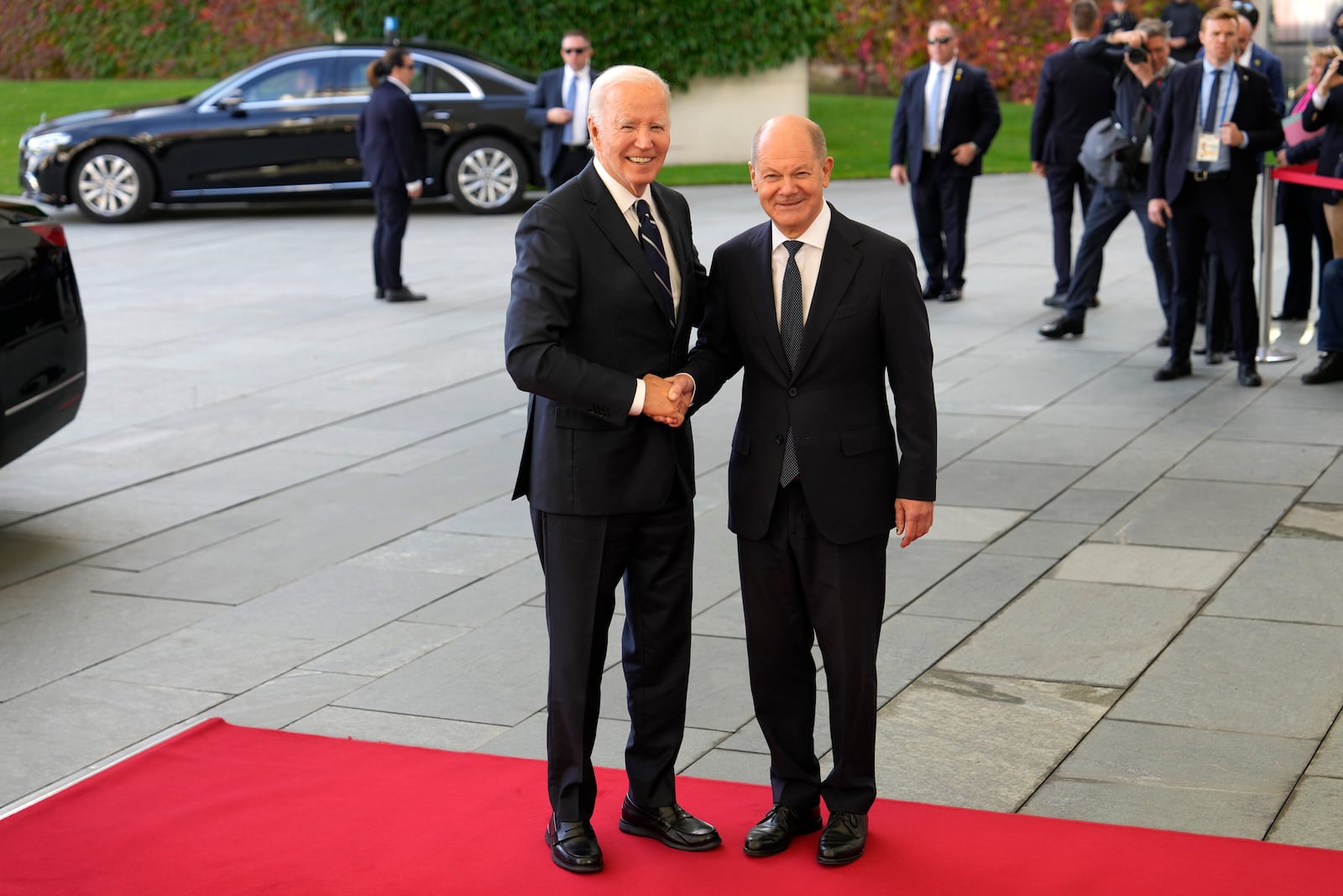 President Joe Biden shake hands with German Chancellor Olaf Scholz at the Chancellery in Berlin, Germany, Friday, Oct. 18, 2024. (AP Photo/Ben Curtis)