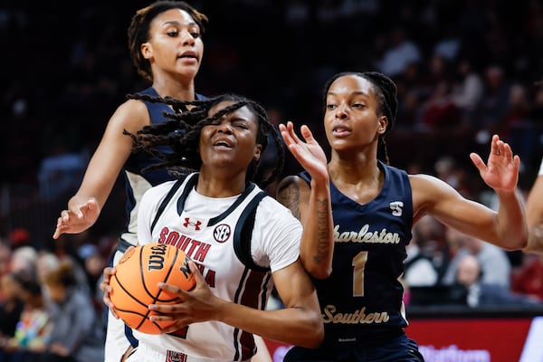 South Carolina guard MiLaysia Fulwiley drives to the basket against Charleston Southern guard Catherine Alben (1) during the second half of an NCAA college basketball game in Columbia, S.C., Thursday, Dec. 19, 2024. (AP Photo/Nell Redmond)