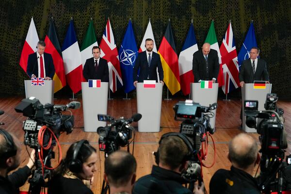 From left: Luke Pollard, Parliamentary Under-Secretary of State in the Britain's Ministry of Defence, France's Minister of the Armed Forces Sebastien Lecornu, Poland's Minister of National Defence Wladyslaw Kosiniak-Kamysz, Italy's Minister of Defence Guido Crosetto, and Germany's Federal Minister of Defence Boris Pistorius attend a news conference after a meeting of defense ministers of five NATO countries to discuss coordinating their defense plans and support for Ukraine, in the village of Helenow, near Warsaw, Poland, Monday, Jan. 13, 2025. (AP Photo/Czarek Sokolowski)