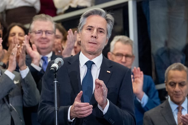 Secretary of State Antony Blinken bids farewell to diplomats and staff at the State Department in Washington, Friday, Jan. 17, 2025. (AP Photo/J. Scott Applewhite)